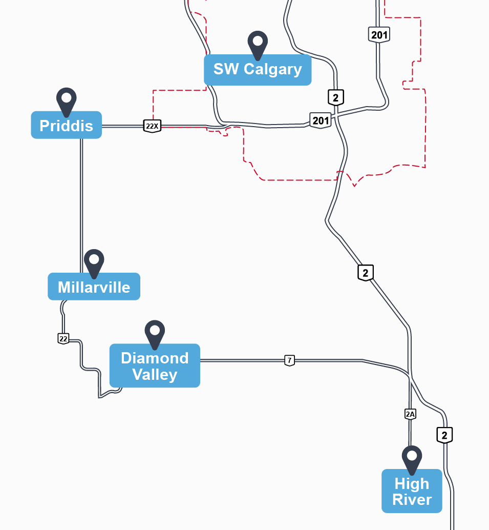 Map of Harper’s Plumbing service areas in and around Calgary, including Diamond Valley, Okotoks, and High River